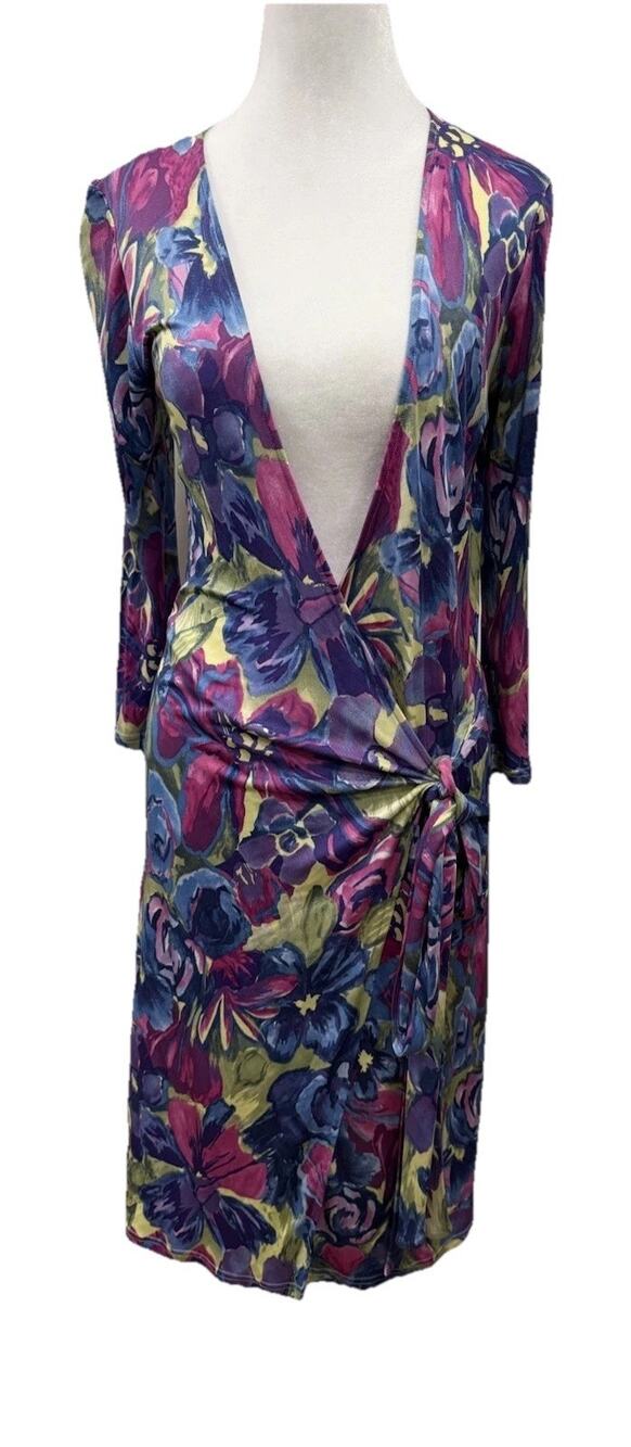 Winters Silk Dress Womens Small Silk Blend Floral Faux Wrap 3/4 Sleeve Colorful